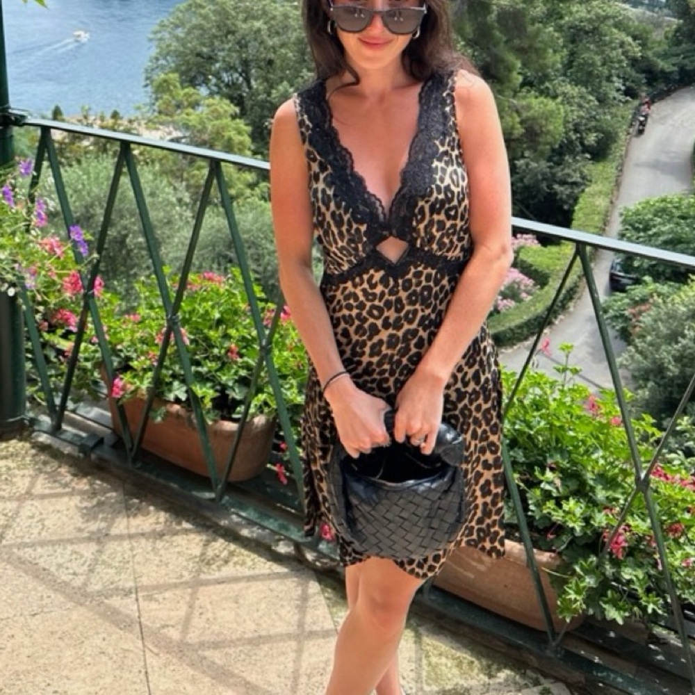 NWT- Reformation Belva Silk Dress in Leo Brown Leopard Black Lace Mini Dress - Picture 11 of 11